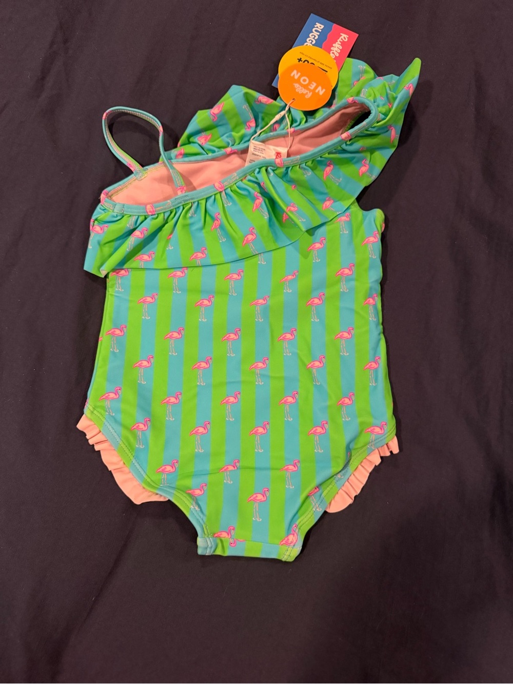 RuffleButts Green & Pink Flamingo One-Shoulder Kids Swimsuit